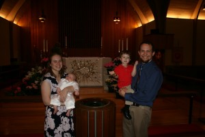 Our family after the service. Simon stayed awake for almost the whole thing, and was awake for the actual baptism, but conked out afterward.