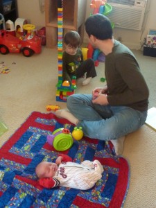 Duplos! I built the house. Elias built the tower. Nathan is making improvements.