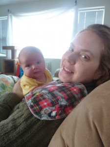 Simon and Mommy enjoying some time together in the morning before Elias woke up. Do I look tired or what?