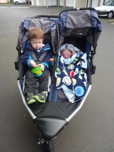 We went for a walk together in the nice weather. This was the first time both boys have ridden in the stroller together. Elias was nervous at first, but then didn't seem to mind having Simon share the stroller. Thanks again to everyone who made it possible for us to have this wonderful stroller. I can't wait until I'm cleared to run with it!