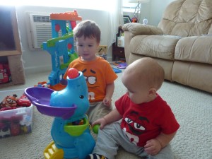 I saved up Pampers Reward points for a long time and finally got enough for this elephant ball toy. It is accessible for Simon's age, and still fun for Elias' age and beyond!