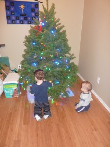 The boys enjoying the Christmas tree. The poor thing survived the move...barely. It was looking pretty brown by Christmas day.