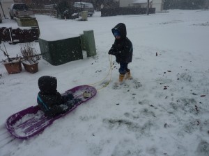 Elias pulled his brother on the sled for a bit.