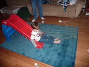 Even though it was Simon's present, Elias got the first slide.